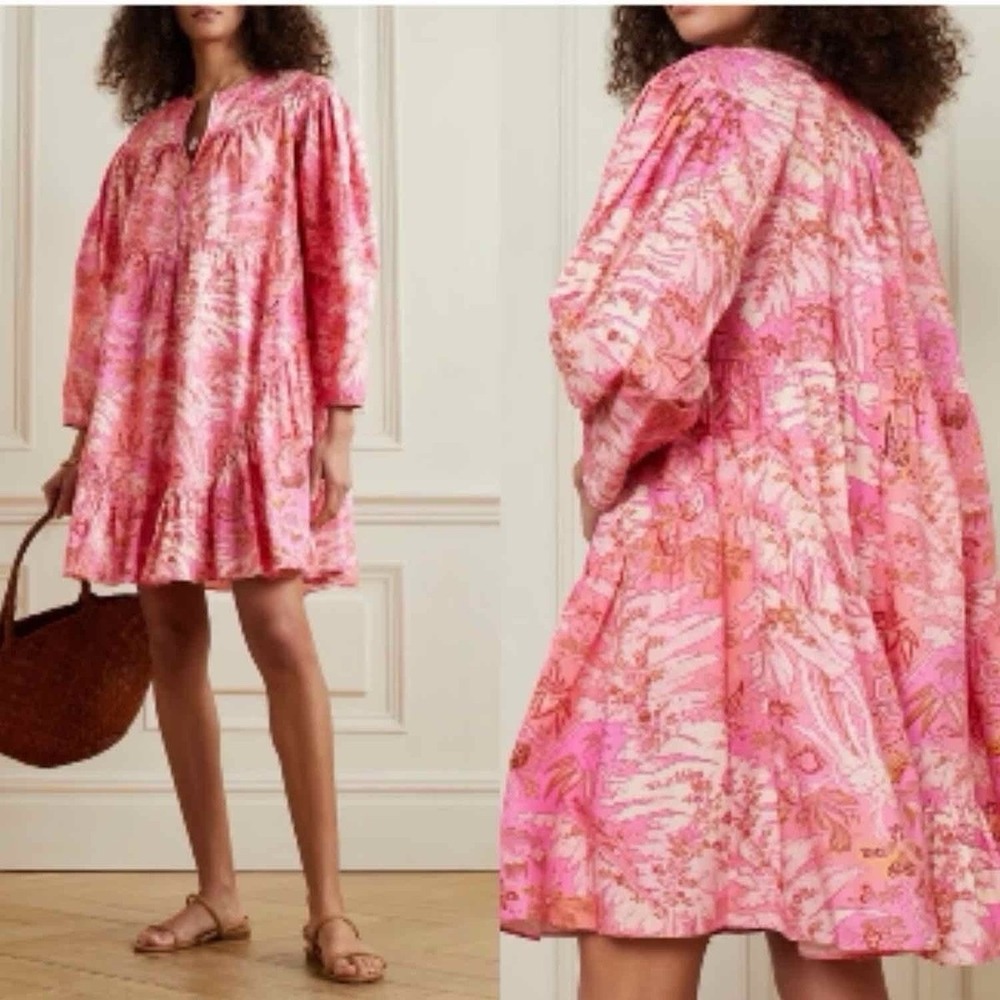Ulla Johnson Leiko Boho Tiered Floral Mini Dress Cottagecore Camellia Pink 4